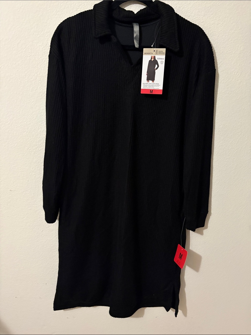 NWT Mondetta Women’s black lined long Sweater sleeve Dress Medium ribbed accent